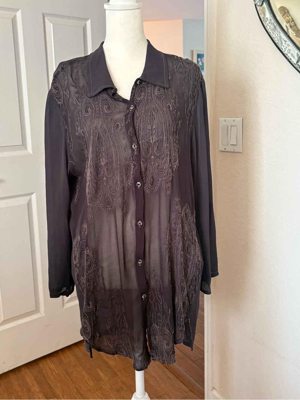 XCVI Sheer Embroidered Longline Button-Down Top